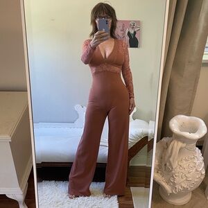 DUSTY ROSE PINK LONG SLEEVE JUMPSUIT WIDE LEG SHEER LACE BACK ZIPPER STRETCH